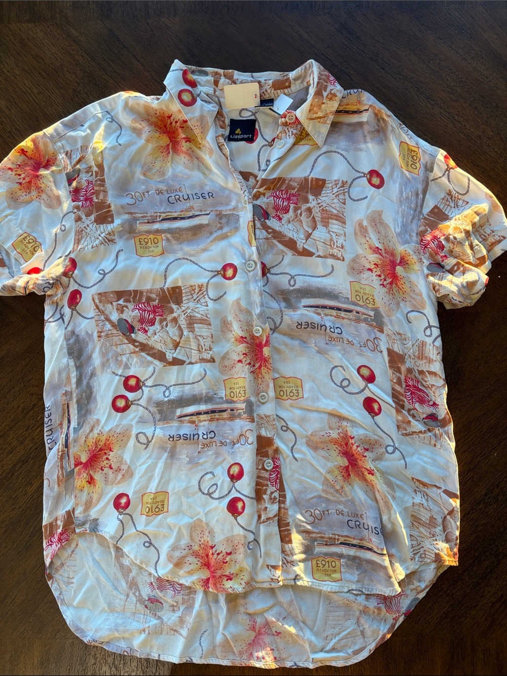 Resort Floral Button-Down Shirt - White with Red & Yellow Accents